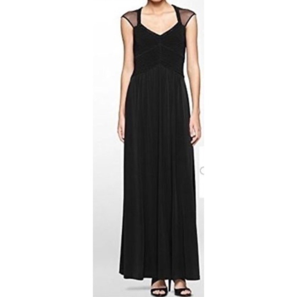 Calvin Klein Black Beaded Pleated‎ Bodice Mesh Illusion Cap Sleeve Long Dress 4